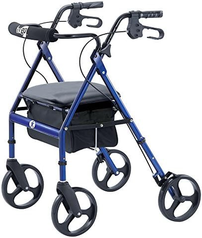 Portable blue rollator with padded backrest