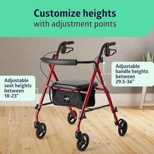 Burgundy aluminum folding walker with adjustable seat — photo 3