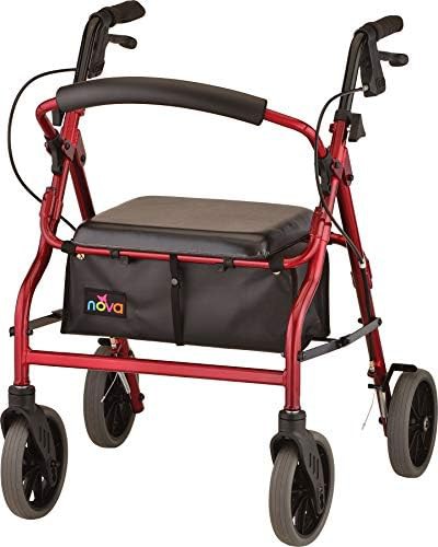 Red rolling walker with eight inch wheels
