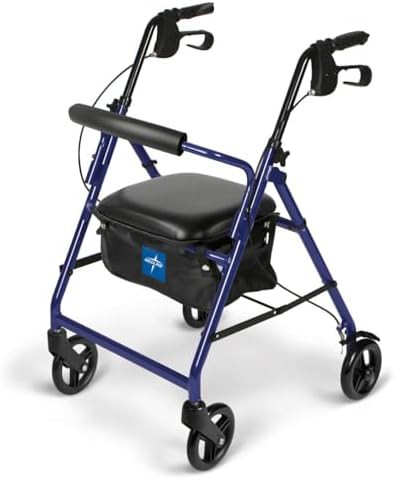 Blue lightweight aluminum walker with seat