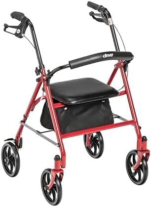 Red steel rollator with seat