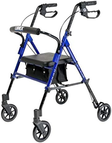 Blue height adjustable walker with padded seat
