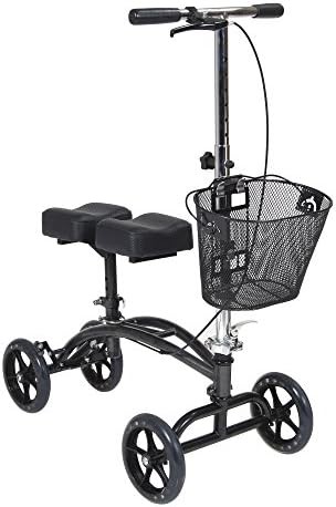 Steerable knee walker with front storage basket