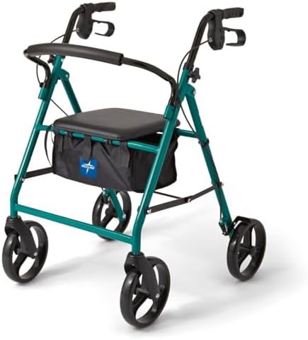 Green steel rolling walker with eight inch wheels