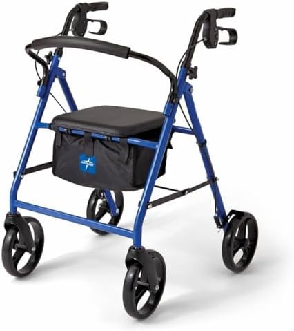 Blue steel rollator with eight inch wheels