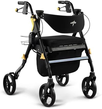 Black rollator with memory foam seat and cup holder