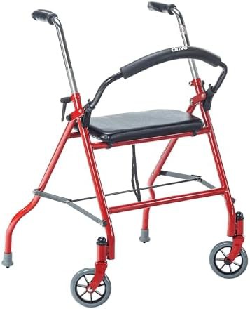 Red foldable rollator walker with seat
