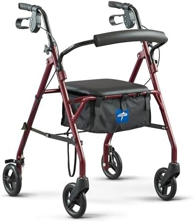 Burgundy steel folding walker with six inch wheels