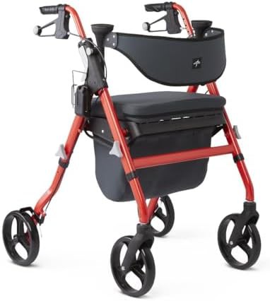 Black and red empower rollator with eight inch wheels