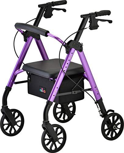 Purple rollator with large padded seat
