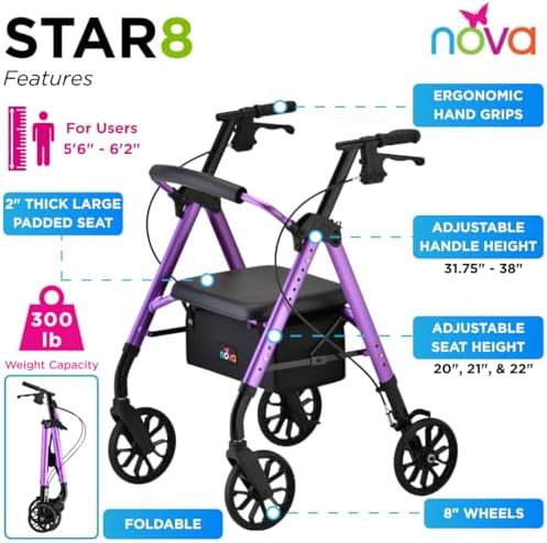 Purple rollator with large padded seat — photo 3