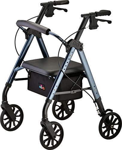 Blue rollator with large padded seat
