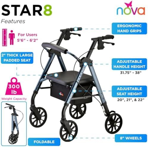 Blue rollator with large padded seat — photo 3