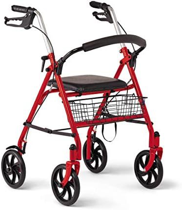 Red steel rolling walker with padded seat