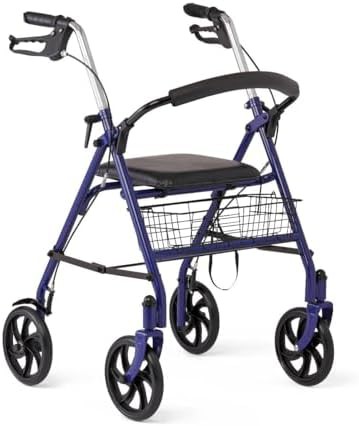 Blue steel walker with eight inch wheels
