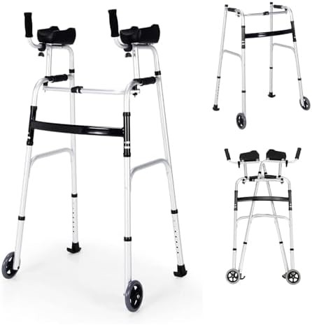 Silver upright folding walker with armrests