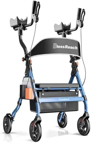 Blue upright aluminum rollator with seat