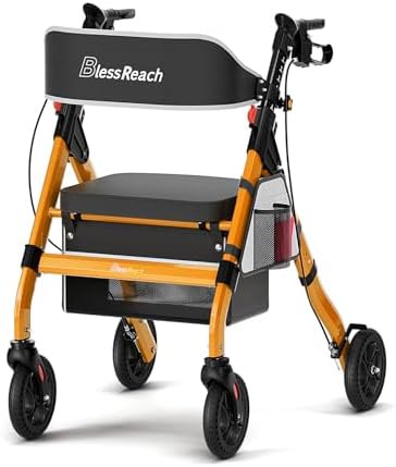 Orange foldable rollator walker with seat