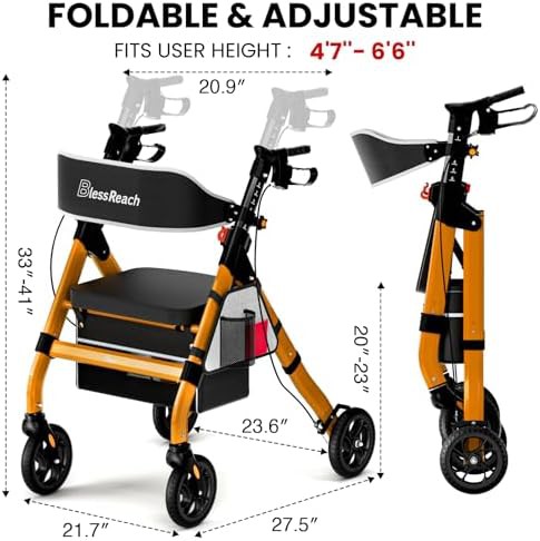 Orange foldable rollator walker with seat — photo 3