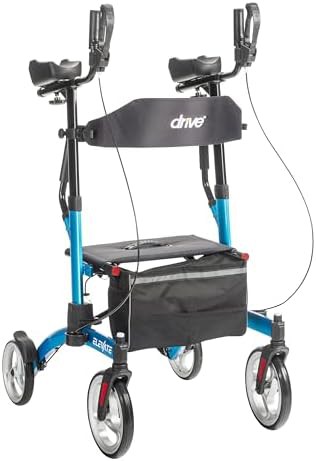 Blue elevate upright walker with armrests