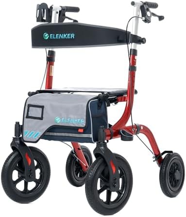 Red outdoor rolling walker with seat