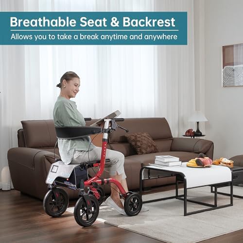 Red outdoor rolling walker with seat — photo 3