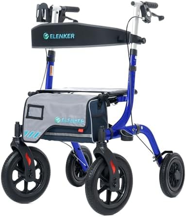 Blue outdoor rolling walker with twelve inch wheels