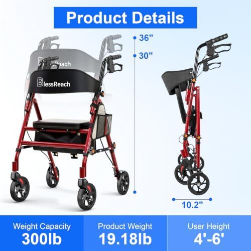 Red lightweight aluminum rollator with seat — photo 3
