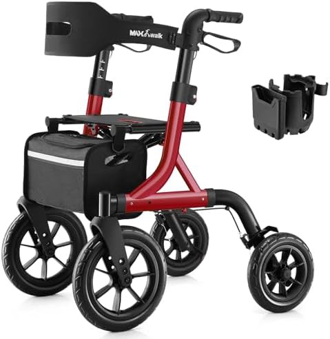 Red All Terrain Rollator with Padded Seat