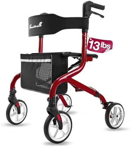 Red all terrain rollator with rubber wheels
