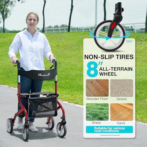 Red all terrain rollator with rubber wheels — photo 3