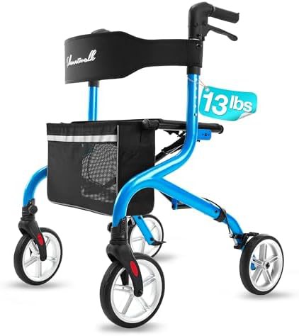 Blue all terrain rollator with rubber wheels
