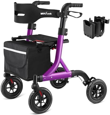 Purple foldable rollator with eight inch rubber wheels
