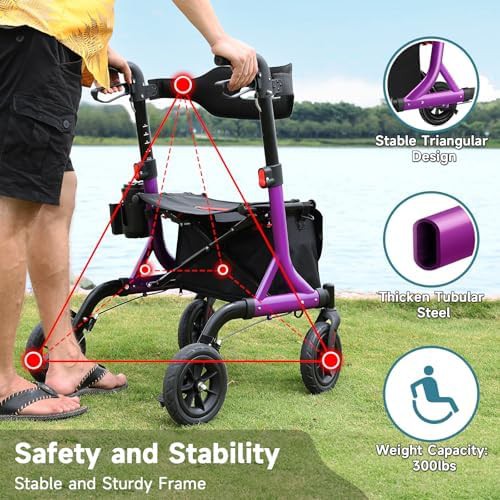 Purple foldable rollator with eight inch rubber wheels — photo 3