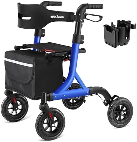 Blue foldable rollator with eight inch rubber wheels