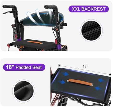 Purple folding aluminum rollator with seat — photo 4