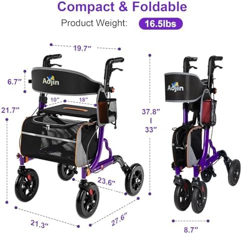 Purple folding aluminum rollator with seat — photo 5