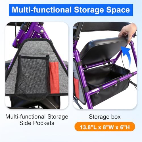 Purple lightweight aluminum folding rollator seat — photo 4