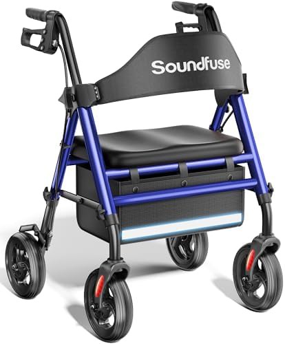 Blue rollator with sixteen inch ergonomic seat