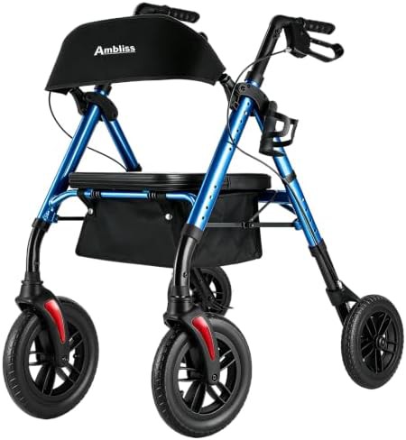 Blue collapsible rolling walker with cup holder