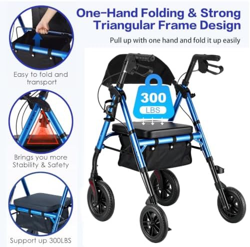 Blue collapsible rolling walker with cup holder — photo 3