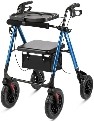 Foldable rollator with seat and tray