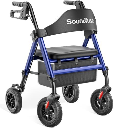 Red aluminum rollator with eight inch wheels