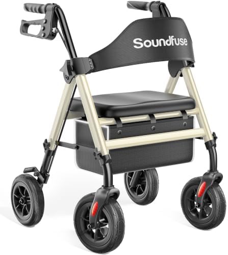 Black aluminum rollator with eight inch wheels