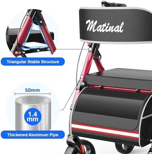 Burgundy indoor rollator with seat — photo 3