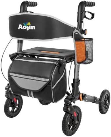 Narrow gray lightweight rollator with seat