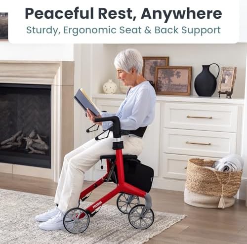 Red lightweight rollator with padded seat — photo 5