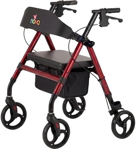Lightweight red folding walker with backrest