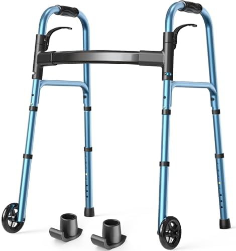 Folding walker with skis and wheels