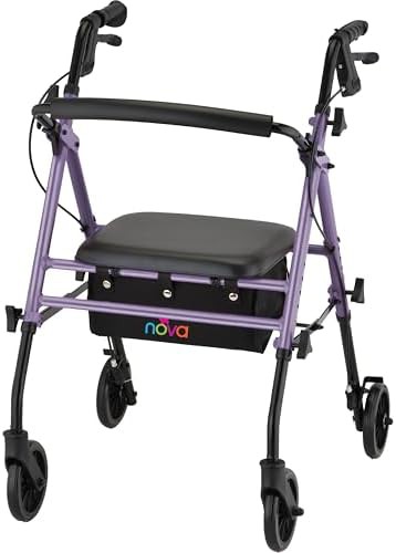 Purple folding walker with six inch wheels